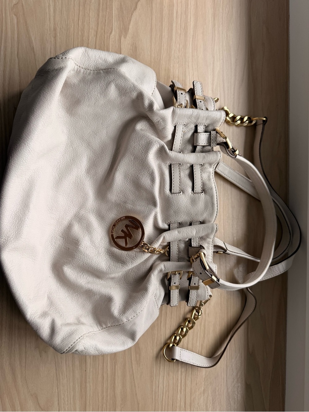 Michael Kors Ivory Leather Hobo with Gold Chain Accents